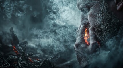 Aufkleber - amidst smoldering ashes a sorrowful reflection on a gloomy desolate landscape and emotional portrait