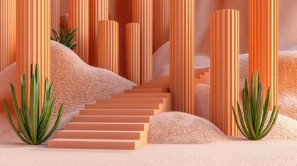 Poster - Peach columns, stairs, desert plants, sand dunes; product display