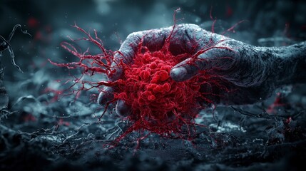Poster - Capturing the essence of vulnerability red energy sphere dark environment artistic imagery close-up view