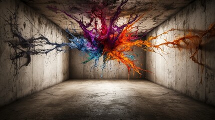 Aufkleber - Vivid splashes of color abandoned warehouse art installation urban environment wide angle creative expression