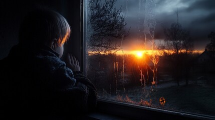 Poster - Lonely child watching the sunset through a rainy window home emotional moment intimate setting close-up view