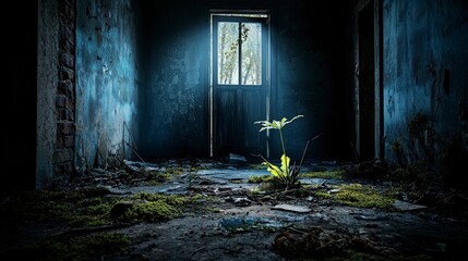 Poster - Nature's resilience a plant thrives in an abandoned space urban decay photography mysterious atmosphere