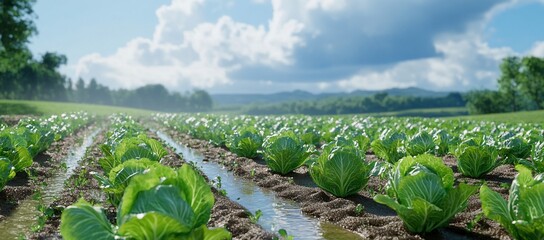 Wall Mural - Cabbage field irrigation system with green hills on the horizon. Food industry