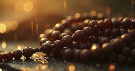 Wall Mural - Dark Brown Prayer Beads on Wet Surface with Golden Bokeh Lights