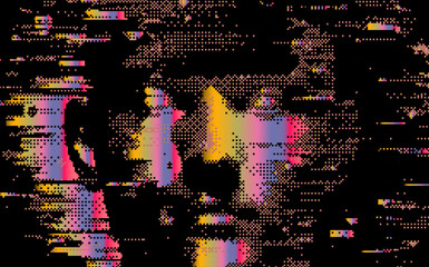 Aufkleber - Digital vector illustration features a glitchy, pixelated portrait with a black background. It has vibrant shades of pink, yellow, and blue, resembling a distorted screen or digital noise effect.