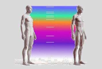 Aufkleber - Futuristic vector illustration of two 8-bit human figures standing against a glitchy, rainbow gradient backdrop. The digital distortion and pixelation create a sci-fi, cybernetic aesthetic.