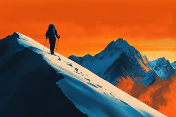 Wall Mural - A lone hiker ascends a snow-covered mountain peak during a vibrant sunset, showcasing breathtaking alpine scenery.