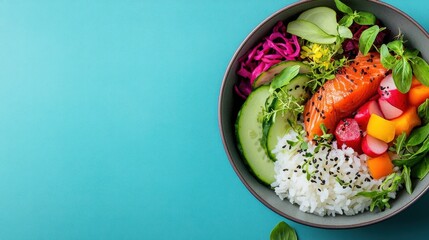 Wall Mural - Vibrant festive salad with rice and fresh vegetables on turquoise background.