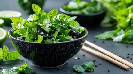 Wall Mural - Fresh and vibrant black and green rice salad with herbs and seeds for healthy dining.