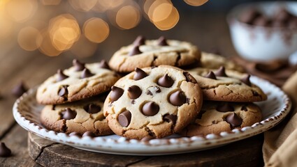 Wall Mural - Freshly baked chocolate chip cookies on a decorative plate with warm bokeh lights in the background during a cozy evening