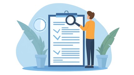 Poster - Man reviewing checklist with magnifying glass.