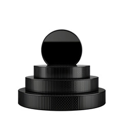 Poster - Black 3D geometric shapes stacked in layers with shiny circular sphere on top isolated on white background