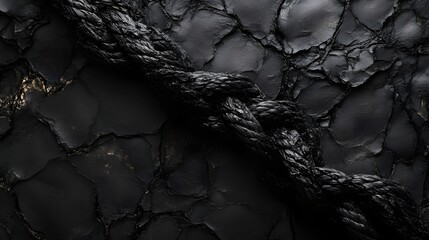 Aufkleber - Black rope on a dark cracked background. Abstract image, mysterious, high contrast. Macro Texture Backgrounds Frayed Rope detailed texture. Dark Enigma: A Black Rope on Cracked Surface