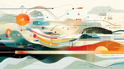 Poster - abstract landscape with flowing lines and vibrant colors depicting a sunset and dynamic movement