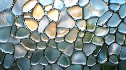 Poster - Close-up of a pebble glass mosaic. Unique textures and light reflections create a beautiful and serene image. Abstract Glass Pebbles Mosaic: A Serene Textured Artwork