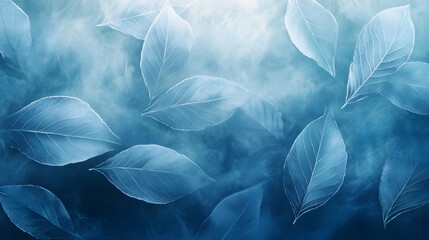 Aufkleber - Ethereal blue leaves float in a misty atmosphere, creating a serene and calm scene. Serene Blue: An ethereal composition of leaves in a misty blue backdrop. Frosted Crystallized Leaf