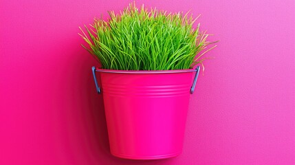 Poster - Pink bucket, green grass, vibrant background, spring concept, website banner