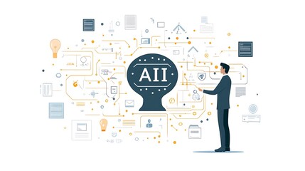 Poster - man interacting with ai technology network.