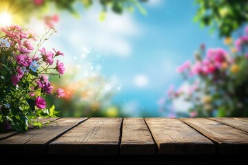 Wall Mural - Wooden table, spring flowers, garden, sunny, bokeh, background, product display