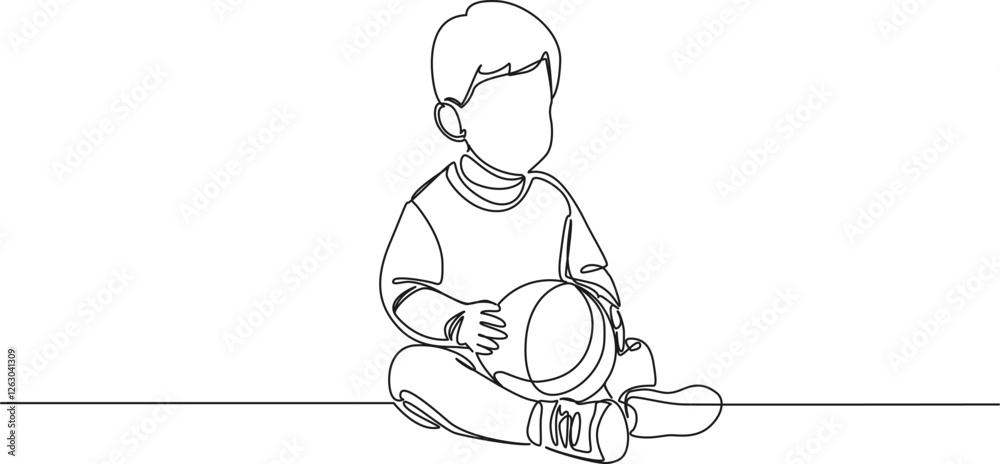 continuous single line drawing of toddler boy sitting on floor holding ...
