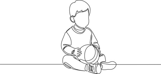 Wall Mural - continuous single line drawing of toddler boy sitting on floor holding a ball, line art vector illustration