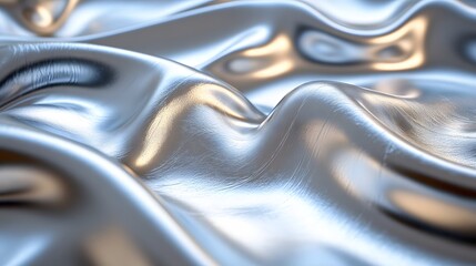 Poster - Close-up view of abstract silver texture resembling flowing fabric. Metallic sheen and smooth curves create a luxurious visual. Glistening Chrome Detailed texture background. Abstract Silver Drapery