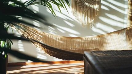 Wall Mural - Retro living room showcases natural rattan loveseat and wicker chair adorned with bohemian decor and tropical houseplants in soft sunlight