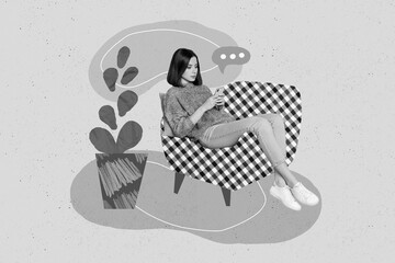 Poster - 3d retro abstract creative artwork template collage of busy lady chatting instagram twitter telegram isolated painting background