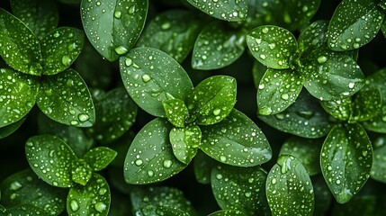 Poster - Close-up of vibrant green leaves glistening with morning dew. A tranquil nature scene. Glistening Dew Detailed texture background. Dew-Kissed Green Leaves: A Symphony of Nature's Serenity