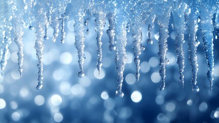 Poster - Stunning close-up of glistening icicles against a soft blue bokeh background. Captures the beauty of winter's icy formations. Glistening Icicles Detailed texture background. Sparkling Icicles