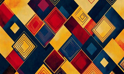 Fototapete - A vibrant geometric pattern featuring diamonds in red, yellow, and blue tones creating a dynamic visual effect.
