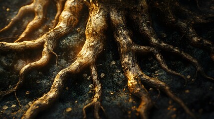 Poster - Close-up of tree roots, bathed in golden light, showcasing intricate details and textures. Mysterious, ancient feel. Gnarled roots detail texture background.