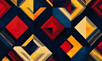 Fototapete - A vibrant geometric pattern featuring diamonds in red, yellow, and blue tones creating a dynamic visual effect.
