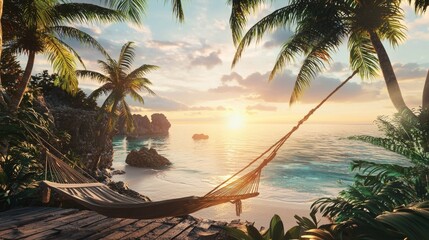 Wall Mural - Serene Tropical Beach Sunset with Hammock Among Palm Trees