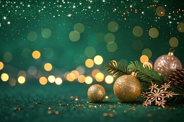Poster - Golden spherical ornaments and a snowflake adorn pine branches on a deep green surface, illuminated by shimmering lights, setting a joyful holiday mood.