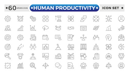 Human Productivity outline icon set productivity and efficiency. Linear business and leader symbols efficiency, task, focus, multitasking, workflow, growth, and routine. Editable stroke outline icon.