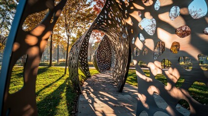 Poster - Artistic Metal Sculpture with Unique Pattern in Autumn Park Setting
