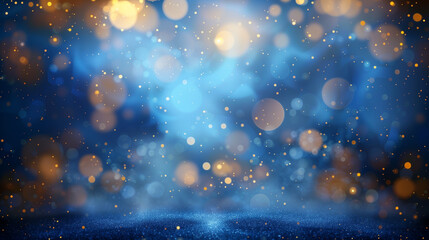 Poster - Abstract dark blue background with golden bokeh lights, glitter effects, and glowing stars, creating a festive and sparkling atmosphere. Perfect for designing greeting cards, posters, ads, and gifts i