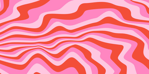 Poster - Abstract horizontal background with dynamic waves. Trendy vector illustration in style retro 60s, 70s. Pink and red colors