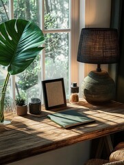 Leinwandbilder - Cozy Rustic Interior with Wooden Desk and Elegant Decor in Minimalist Style