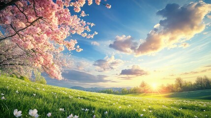 Canvas Print - Pink cherry blossoms sunset meadow spring landscape