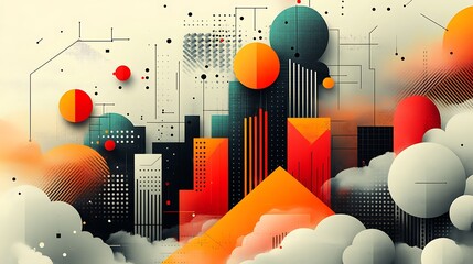 Poster - Abstract geometric cityscape with vibrant colors and cloud elements.