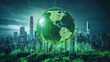 © Last - Green Earth globe over cityscape, representing environmental sustainability and eco-friendly urban development.