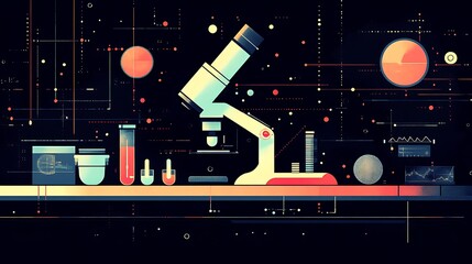Poster - stylized illustration of a microscope and lab equipment on a digital interface.