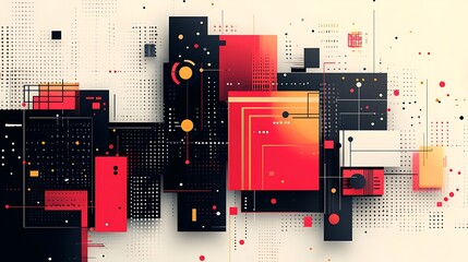 Poster - Abstract geometric artwork featuring red, black, and beige shapes, lines, and dots on a white background.
