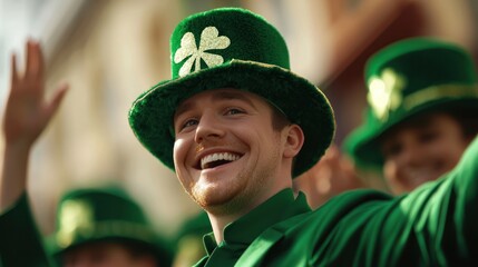 A joyous individual celebrates with a vibrant green hat adorned with a shamrock. The crowd reflects a festive atmosphere, embodying the spirit of a cultural celebration.