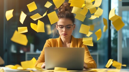 Aufkleber - Focused woman in an office setting surrounded by flying sticky notes, symbolizing multitasking and stress in managing work deadlines. The scene captures the chaos of time management