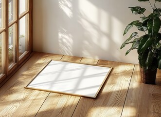 Poster - Minimalist Interior Scene with Blank Picture Frame on Wooden Floor Natural Light Scandinavian Design