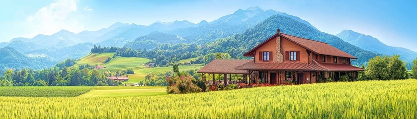 Wall Mural - Mountain home, rural landscape, summer.  Real estate, travel