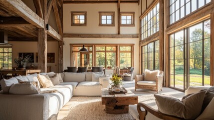 Wall Mural - Cozy Modern Living Room with Large Windows and Rustic Decor